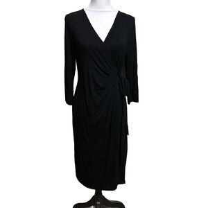 A PEA IN THE POD Maternity Medium Faux Wrap Side Tie 3/4 Sleeve Midi Dress Black